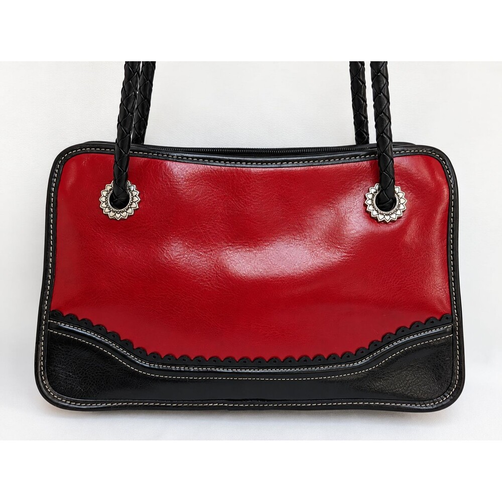 Brighton Red Black Shoulder Bag with Braided Strap Plaid Lining Inner Pockets
